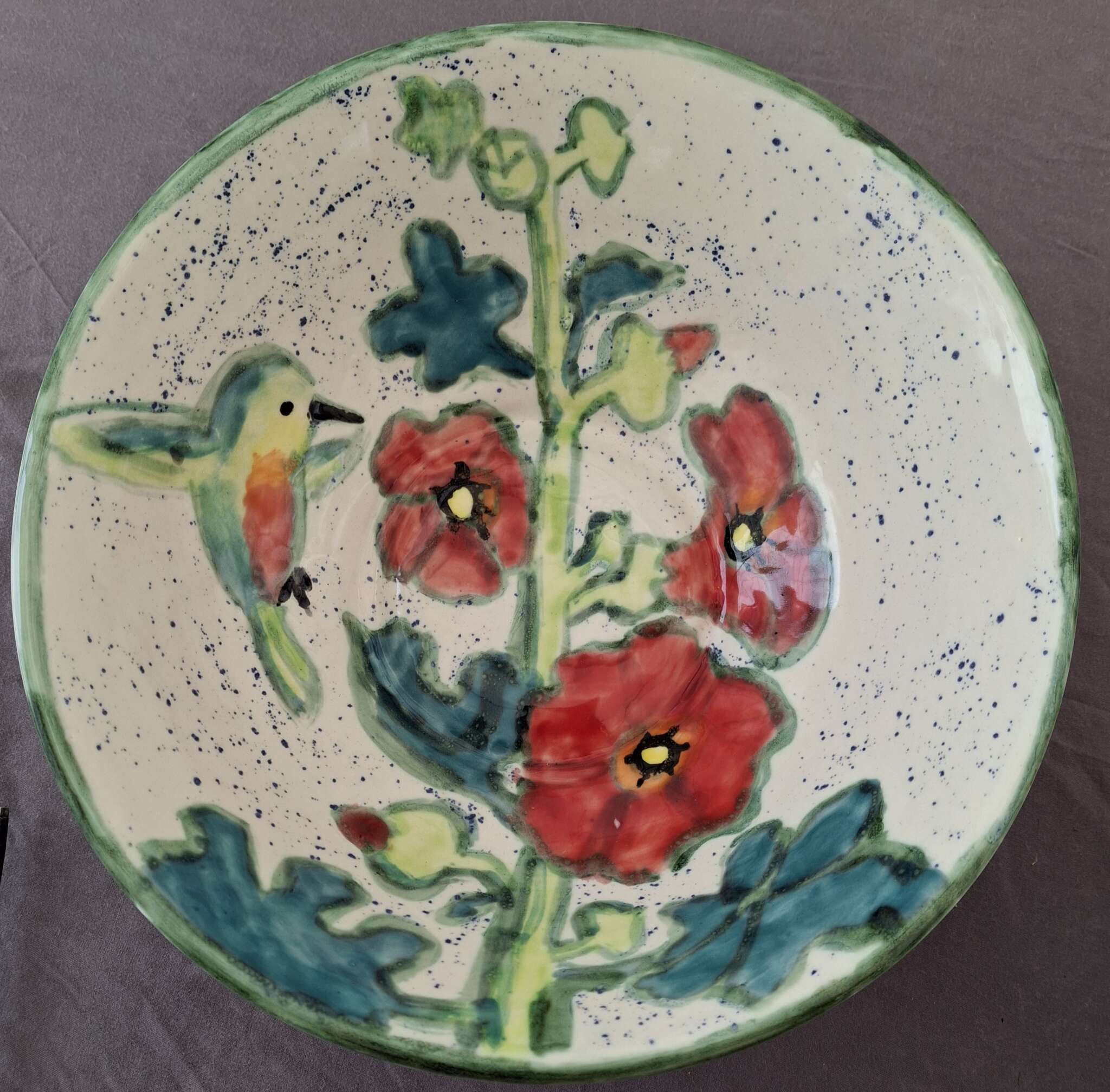 Victoria Ceramic ART - Hollyhocks and hummingbird